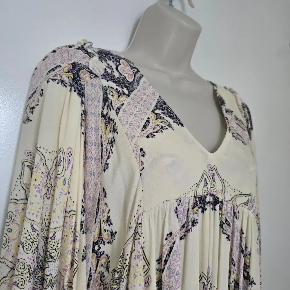 Free People Girl Talk Boho Tunic Top Size XS Ruffle Long Sleeve Floral Paisley - Picture 3 of 9